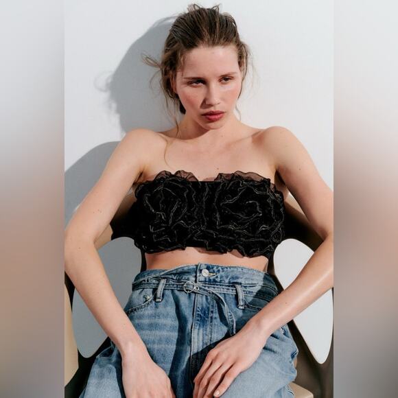 Zara Black Organza Flower Maxi Bandeau Top NWOT Size Small - Picture 1 of 9